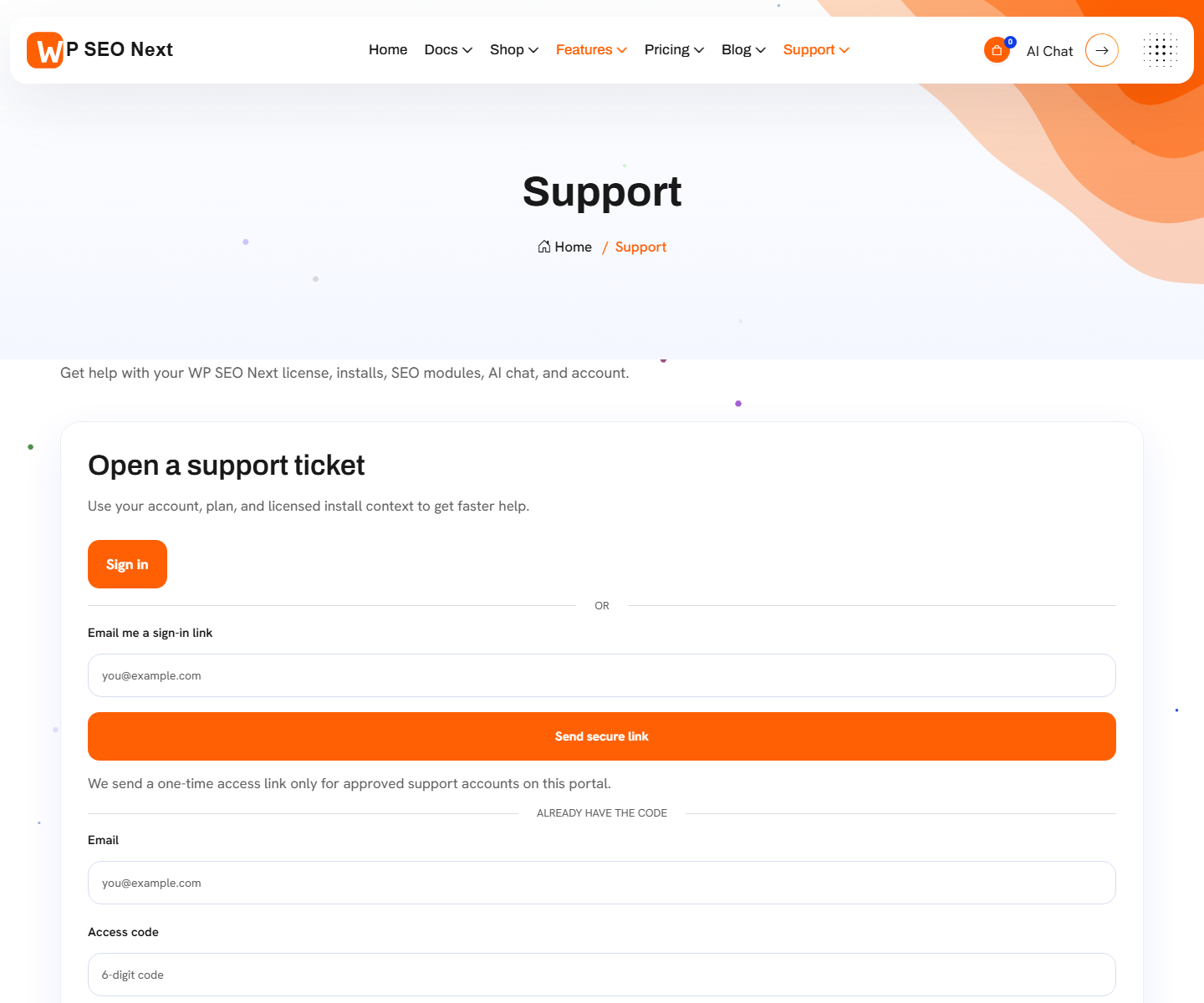 Support page entry point.