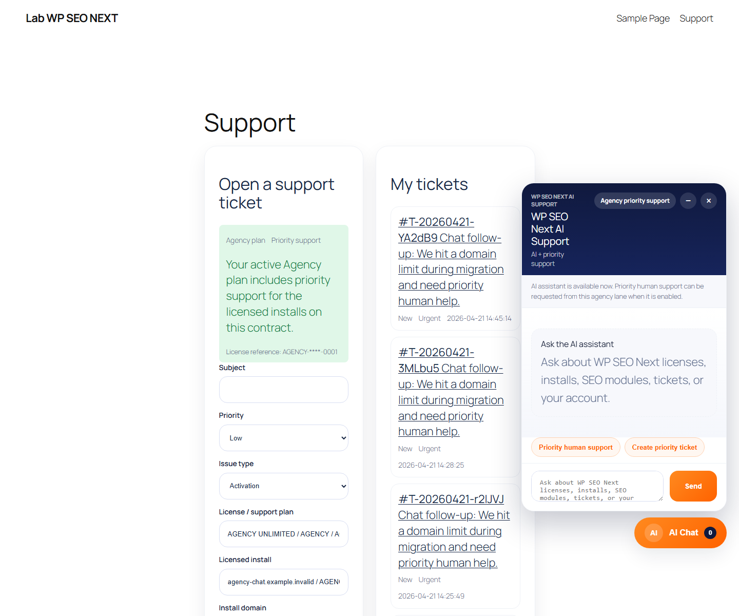 Agency support context example from the guide screenshot pack.